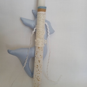 Λαμπάδα στρογγυλή 35 cm με υφασμάτινο γαλάζιο ελαφάκι - λαμπάδες, για παιδιά, για εφήβους, για μωρά - 3