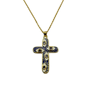 Κολιέ ατσάλινο χρυσό με μεταλλικό σταυρό σε μπλε χρώμα και γαλάζια κρυσταλλάκια - μήκος 75εκ. - σταυρός, μάτι, μακριά, ατσάλι - 2