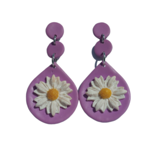Daisy Drops Lavender καρφωτά σκουλαρίκια από πολυμερικό πηλό - πηλός, λουλούδι, μεγάλα, φθηνά