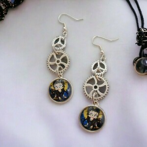 Σκουλαρίκια με γυαλί και γρανάζια, κρεμαστά Goth Betty earrings - γυαλί, κρεμαστά, γάντζος - 2