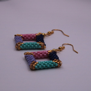 Κρεμαστά σκουλαρίκια από πολύχρωμες χάντρες με τετράγωνο σχέδιο - χάντρες, μικρά, ατσάλι, boho, φθηνά - 2
