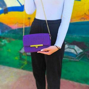 Purple purse/Μικρό τσαντάκι σε μωβ φωτεινό χρώμα - νήμα, ώμου, all day, πλεκτές τσάντες, μικρές - 3