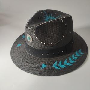 "The Blue Sun" Kαπέλο τύπου Παναμά σε χρώμα μαύρο ζωγραφισμένο στο χέρι - ψάθινα - 3