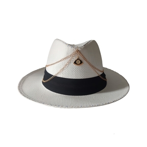 "Chain Eye" Καπέλο τύπου Παναμά σε χρώμα λευκό διακοσμημένο με αλυσιδα και charm evil eye - ψάθινα