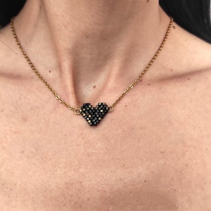 Ατσάλινο Κολιέ τσόκερ καρδιά με χάντρες Μαύρο Χρυσό. - επιχρυσωμένα, καρδιά, miyuki delica, ατσάλι - 4