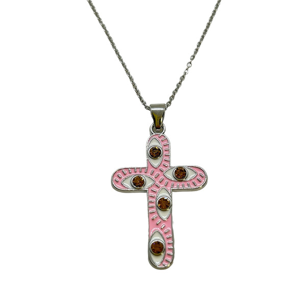 Κολιέ ατσάλινο ασημί με μεταλλικό σταυρό σε ροζ χρώμα και ροζ κρυσταλλάκια - μήκος 70εκ. - σταυρός, μάτι, μακριά, ατσάλι - 3