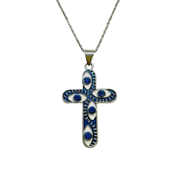 Κολιέ ατσάλινο ασημί με μεταλλικό σταυρό σε μπλε χρώμα και γαλάζια κρυσταλλάκια - μήκος 70εκ. - σταυρός, μάτι, μακριά, ατσάλι - 3