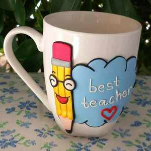 Δώρο για την δασκάλα κούπα με μολύβι από πολυμερικό πηλό (ύψος 10,5 εκ. 360 ml) - πηλός, κούπες & φλυτζάνια, για δασκάλους, η καλύτερη δασκάλα - 2