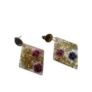 Σκουλαρικι γεωμετρικο ρομβος ρητινης με γεμισμα τριανταφυλλακια και ημιπολυτιμμες πετρες, 4cm, με επιχρυσωμενο κουμπωμα - ημιπολύτιμες πέτρες, γυαλί, ρητίνη, λουλούδι - 2