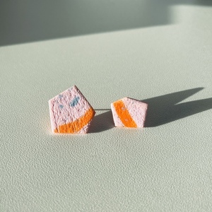 Ftery Light Blue & Orange Organic Polygonal Earrings Πολυγωνικά Χειροποίητα Σκουλαρίκια από πολυμερικό πηλό Ροζ, Γαλάζιο & Πορτοκαλί - πηλός, ατσάλι, μεγάλα - 2
