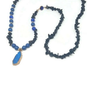 μακρύ κολιέ με ημιπολύτιμες πέτρες τσιπς σε μαύρο μπλε χρώμα - ημιπολύτιμες πέτρες, χαολίτης, χάντρες, μακριά, ροζάριο - 2