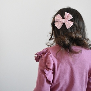 Χειροποίητο φιογκάκι μαλλιών με κλιπ: ροζ-ριγέ - hair clips, 100% βαμβακερό - 2