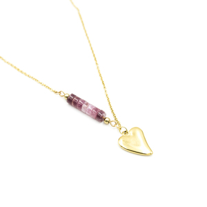 Κολιέ με καρδιά και Ροζ Τουρμαλίνη, επίχρυσο ατσάλι, μήκος 44 + 5,5 cm - ημιπολύτιμες πέτρες, επιχρυσωμένα, χρυσό, καρδιά, ατσάλι