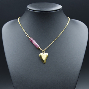 Κολιέ με καρδιά και Ροζ Τουρμαλίνη, επίχρυσο ατσάλι, μήκος 44 + 5,5 cm - ημιπολύτιμες πέτρες, επιχρυσωμένα, χρυσό, καρδιά, ατσάλι - 2