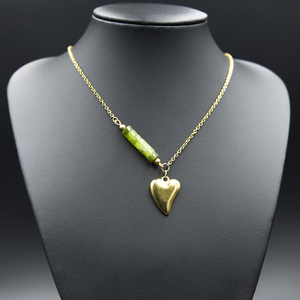 Κολιέ με καρδιά και Πράσινη Τουρμαλίνη, επίχρυσο ατσάλι, μήκος 44 + 5,5 cm - ημιπολύτιμες πέτρες, επιχρυσωμένα, χρυσό, καρδιά, ατσάλι - 2